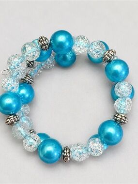 Turquoise Blue & Clear Beaded Metal Wire Wrap Bracelet